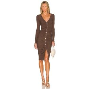 Superdown Grace Button Front Dress Size M Medium Brown V Neck Ribbed Ruched